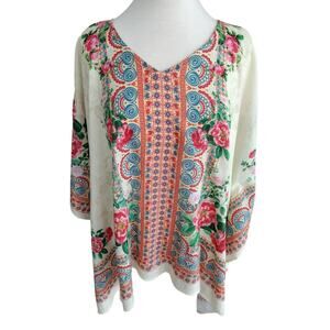 Tolani Oversized Boho Floral Cotton & Modal V-Neck Poncho Top Women's Large